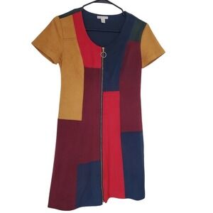 Colorblock Zip-Front Red Knee Length Short Sleeve Dress Retro Inspired SZ:XS